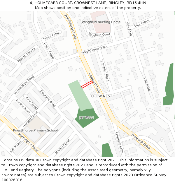 4, HOLMECARR COURT, CROWNEST LANE, BINGLEY, BD16 4HN: Location map and indicative extent of plot