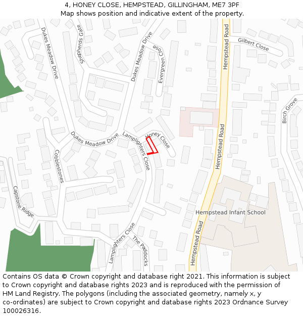 4, HONEY CLOSE, HEMPSTEAD, GILLINGHAM, ME7 3PF: Location map and indicative extent of plot