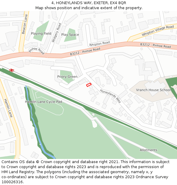 4, HONEYLANDS WAY, EXETER, EX4 8QR: Location map and indicative extent of plot