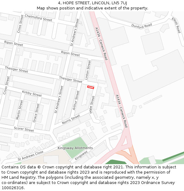 4, HOPE STREET, LINCOLN, LN5 7UJ: Location map and indicative extent of plot