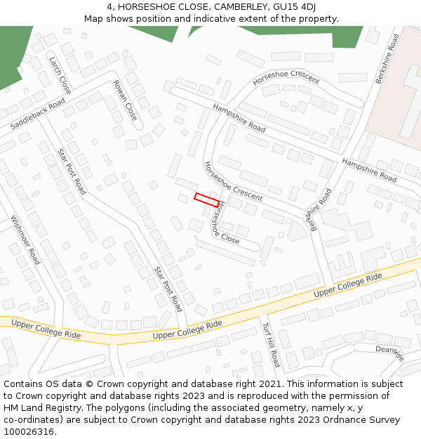 4, HORSESHOE CLOSE, CAMBERLEY, GU15 4DJ: Location map and indicative extent of plot