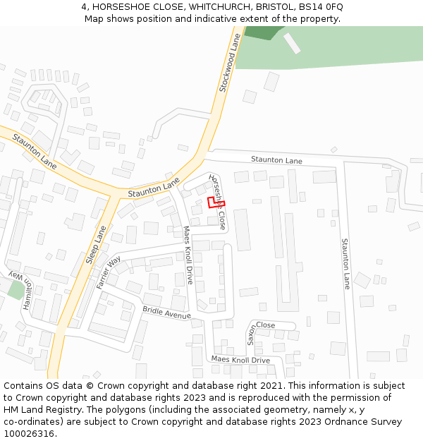 4, HORSESHOE CLOSE, WHITCHURCH, BRISTOL, BS14 0FQ: Location map and indicative extent of plot