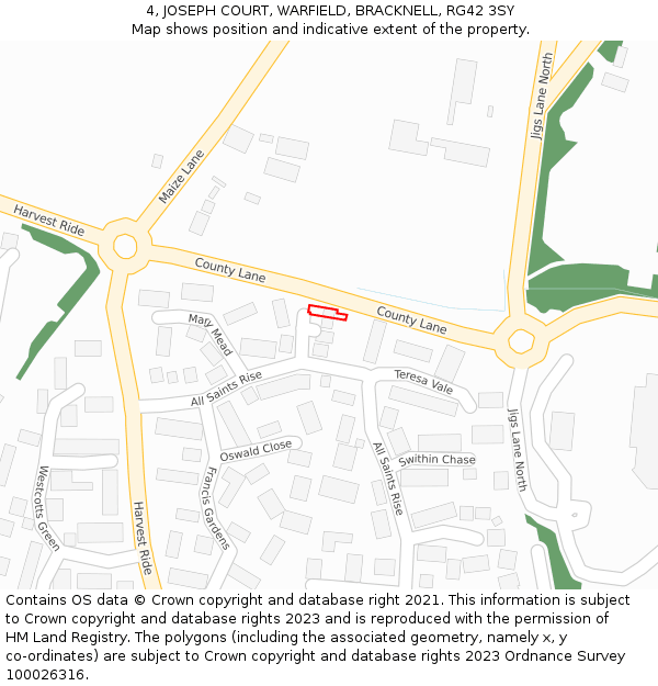 4, JOSEPH COURT, WARFIELD, BRACKNELL, RG42 3SY: Location map and indicative extent of plot