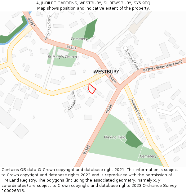 4, JUBILEE GARDENS, WESTBURY, SHREWSBURY, SY5 9EQ: Location map and indicative extent of plot