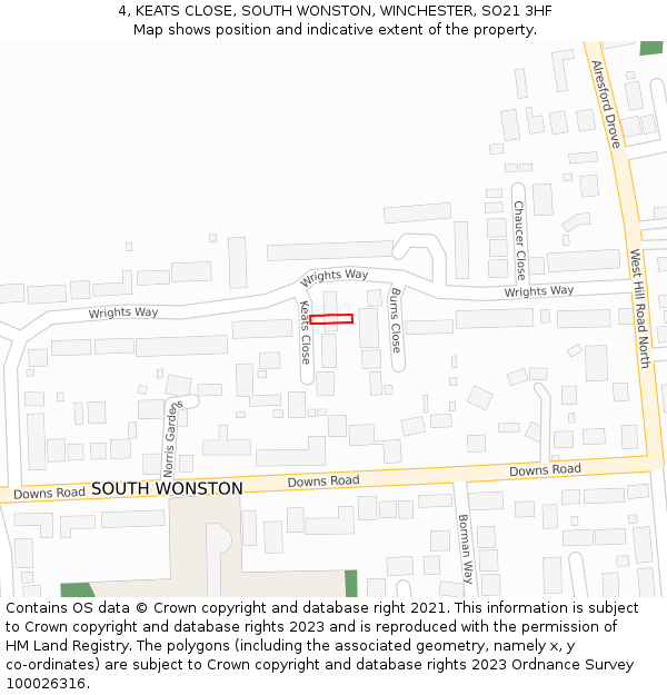 4, KEATS CLOSE, SOUTH WONSTON, WINCHESTER, SO21 3HF: Location map and indicative extent of plot