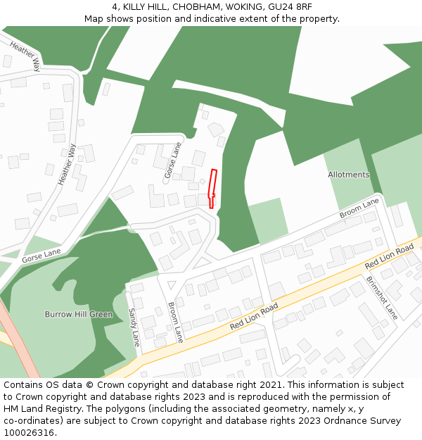 4, KILLY HILL, CHOBHAM, WOKING, GU24 8RF: Location map and indicative extent of plot