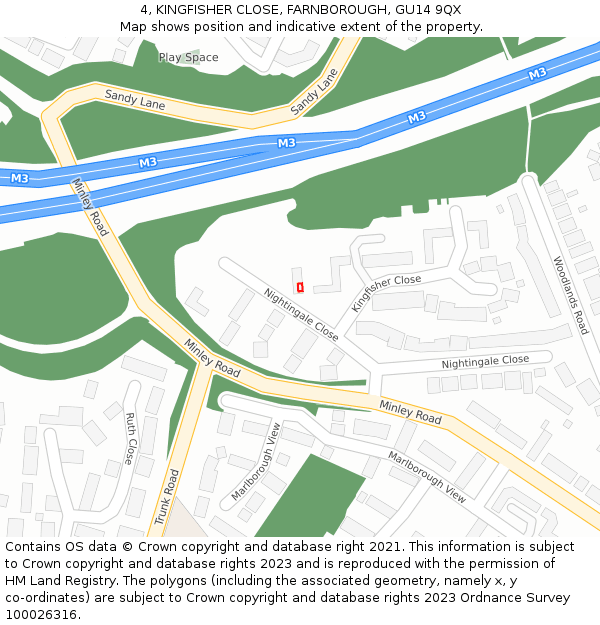 4, KINGFISHER CLOSE, FARNBOROUGH, GU14 9QX: Location map and indicative extent of plot