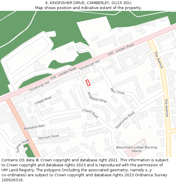 4, KINGFISHER DRIVE, CAMBERLEY, GU15 3DU: Location map and indicative extent of plot