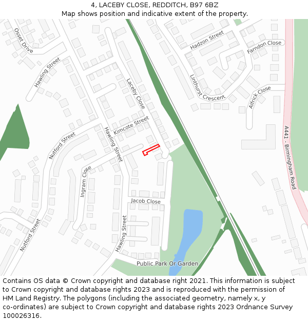 4, LACEBY CLOSE, REDDITCH, B97 6BZ: Location map and indicative extent of plot