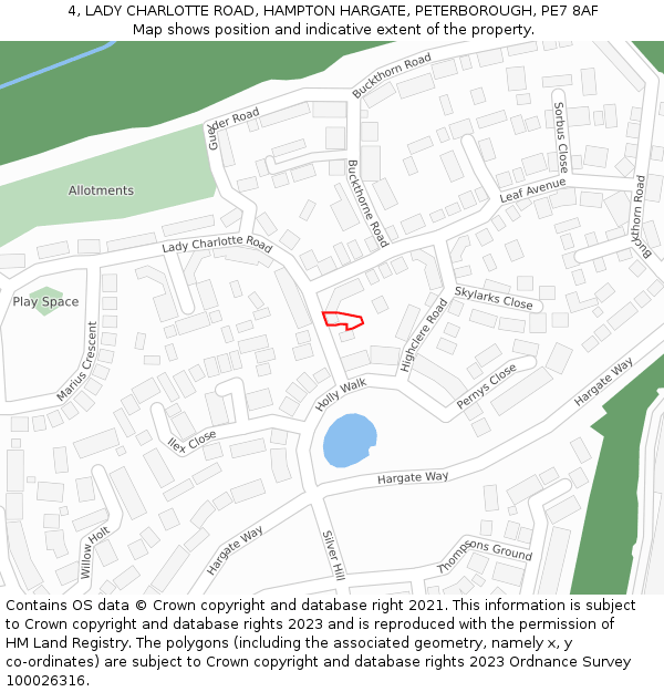 4, LADY CHARLOTTE ROAD, HAMPTON HARGATE, PETERBOROUGH, PE7 8AF: Location map and indicative extent of plot