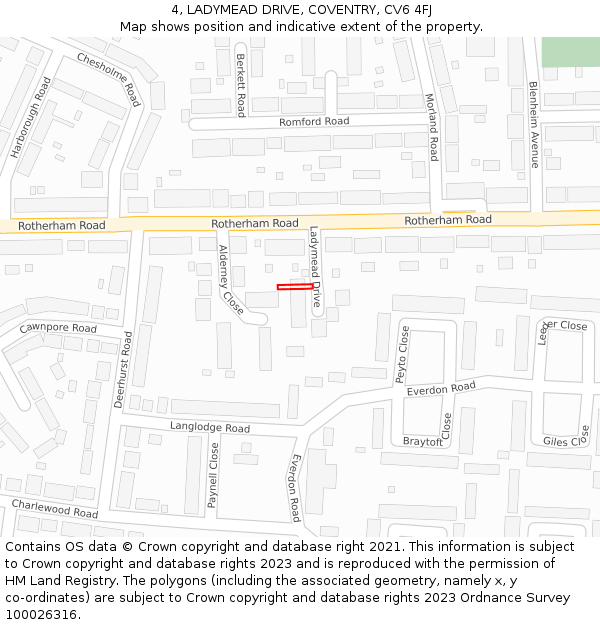 4, LADYMEAD DRIVE, COVENTRY, CV6 4FJ: Location map and indicative extent of plot