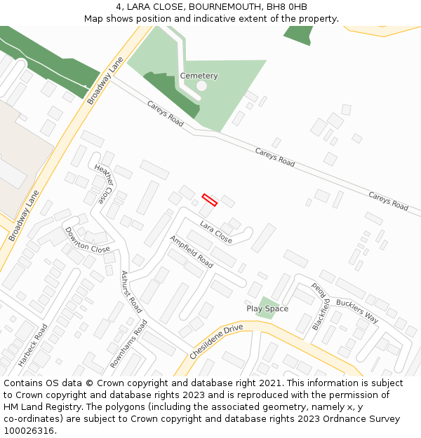 4, LARA CLOSE, BOURNEMOUTH, BH8 0HB: Location map and indicative extent of plot
