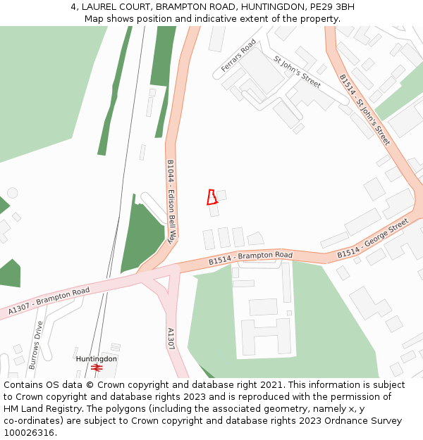 4, LAUREL COURT, BRAMPTON ROAD, HUNTINGDON, PE29 3BH: Location map and indicative extent of plot