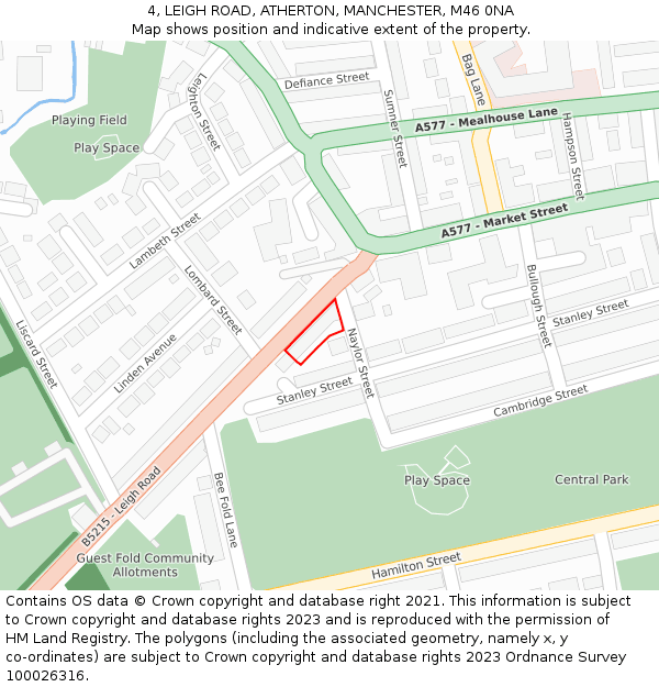 4, LEIGH ROAD, ATHERTON, MANCHESTER, M46 0NA: Location map and indicative extent of plot