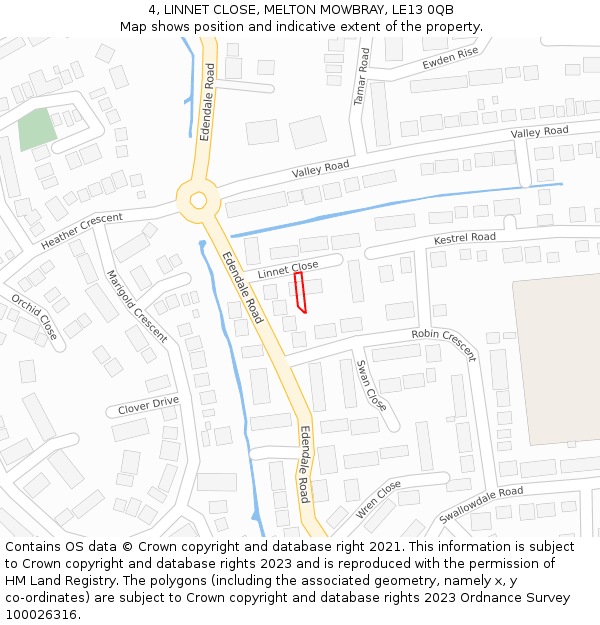 4, LINNET CLOSE, MELTON MOWBRAY, LE13 0QB: Location map and indicative extent of plot