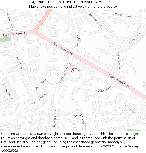 4, LORD STREET, STAINCLIFFE, DEWSBURY, WF13 4BE: Location map and indicative extent of plot