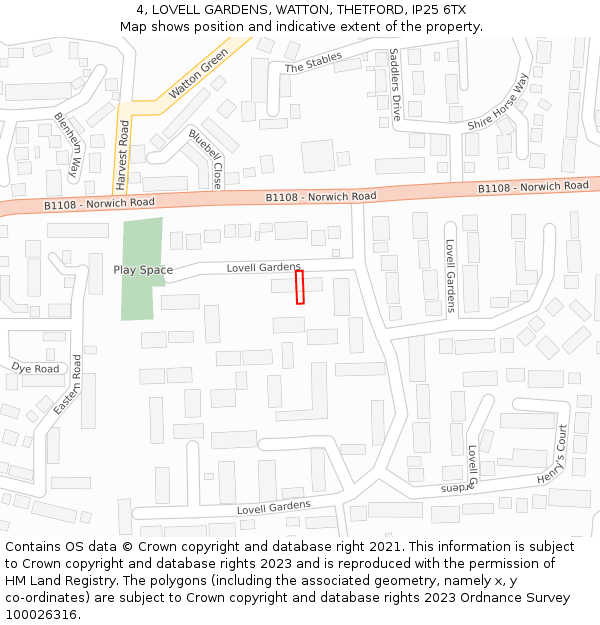 4, LOVELL GARDENS, WATTON, THETFORD, IP25 6TX: Location map and indicative extent of plot
