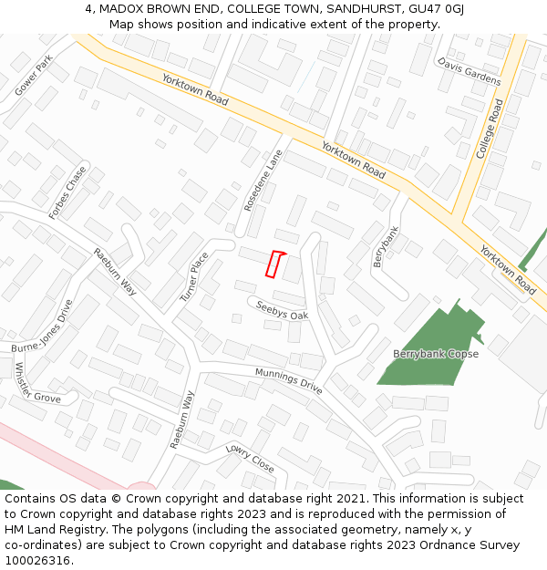 4, MADOX BROWN END, COLLEGE TOWN, SANDHURST, GU47 0GJ: Location map and indicative extent of plot