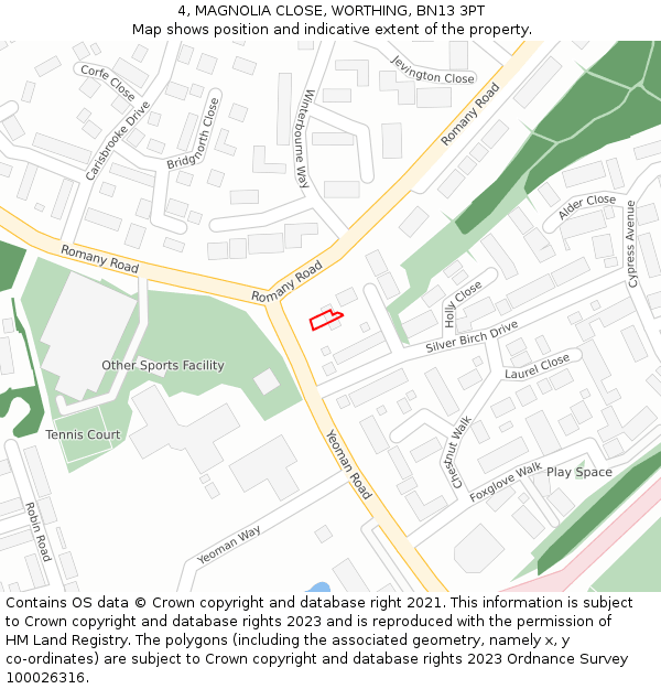 4, MAGNOLIA CLOSE, WORTHING, BN13 3PT: Location map and indicative extent of plot
