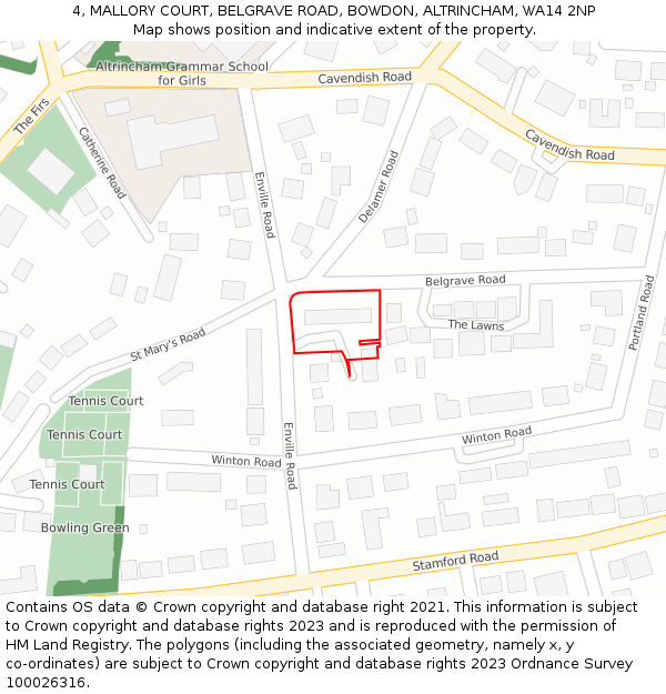 4, MALLORY COURT, BELGRAVE ROAD, BOWDON, ALTRINCHAM, WA14 2NP: Location map and indicative extent of plot