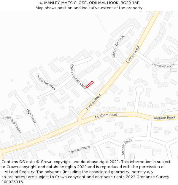 4, MANLEY JAMES CLOSE, ODIHAM, HOOK, RG29 1AP: Location map and indicative extent of plot