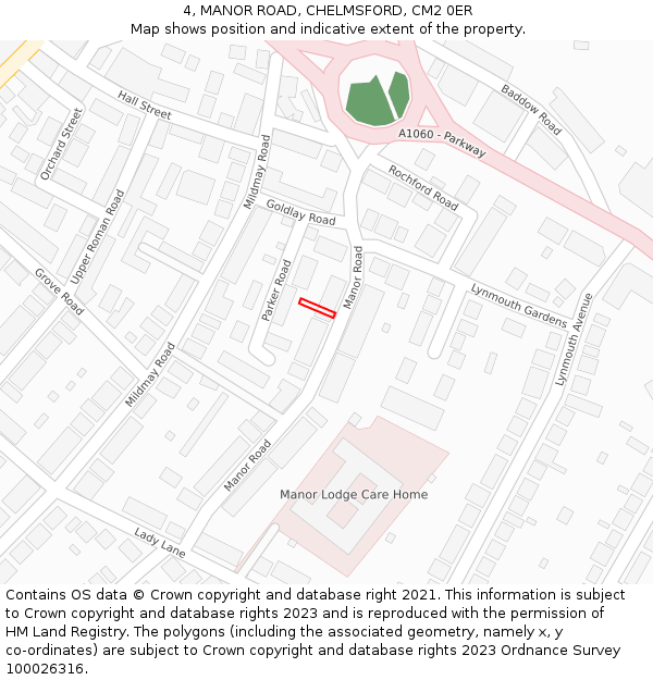 4, MANOR ROAD, CHELMSFORD, CM2 0ER: Location map and indicative extent of plot