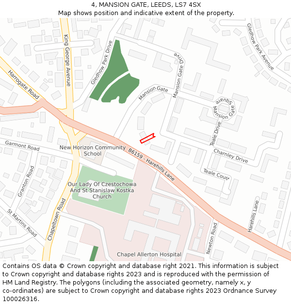4, MANSION GATE, LEEDS, LS7 4SX: Location map and indicative extent of plot