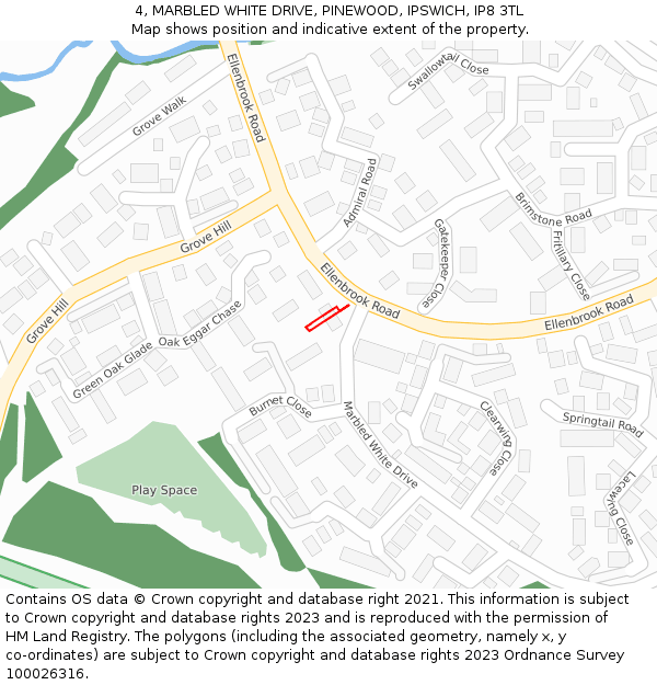 4, MARBLED WHITE DRIVE, PINEWOOD, IPSWICH, IP8 3TL: Location map and indicative extent of plot