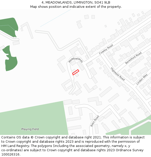 4, MEADOWLANDS, LYMINGTON, SO41 9LB: Location map and indicative extent of plot