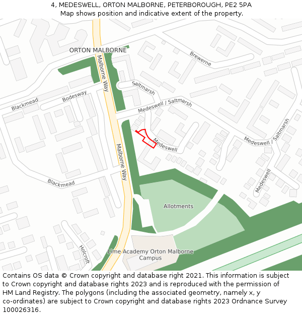 4, MEDESWELL, ORTON MALBORNE, PETERBOROUGH, PE2 5PA: Location map and indicative extent of plot