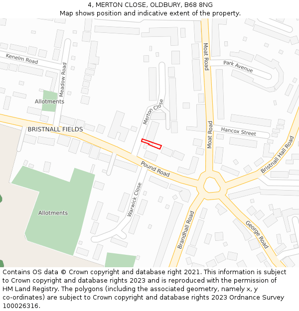 4, MERTON CLOSE, OLDBURY, B68 8NG: Location map and indicative extent of plot