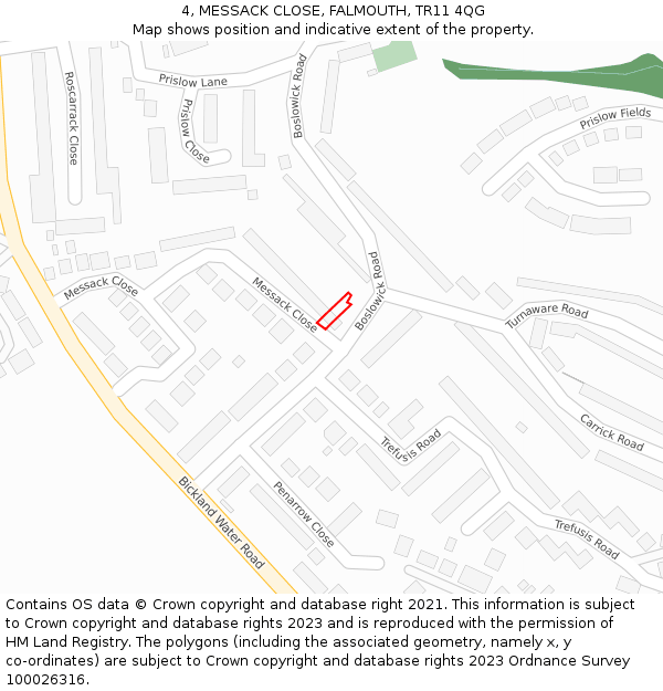 4, MESSACK CLOSE, FALMOUTH, TR11 4QG: Location map and indicative extent of plot