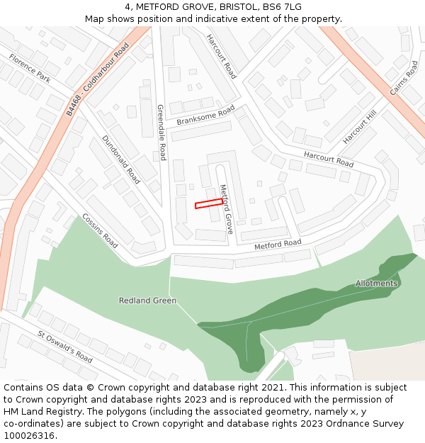 4, METFORD GROVE, BRISTOL, BS6 7LG: Location map and indicative extent of plot