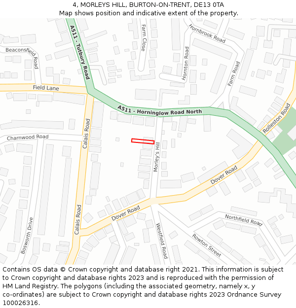 4, MORLEYS HILL, BURTON-ON-TRENT, DE13 0TA: Location map and indicative extent of plot