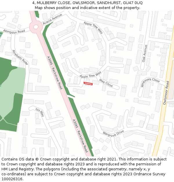 4, MULBERRY CLOSE, OWLSMOOR, SANDHURST, GU47 0UQ: Location map and indicative extent of plot