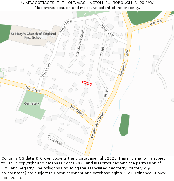 4, NEW COTTAGES, THE HOLT, WASHINGTON, PULBOROUGH, RH20 4AW: Location map and indicative extent of plot