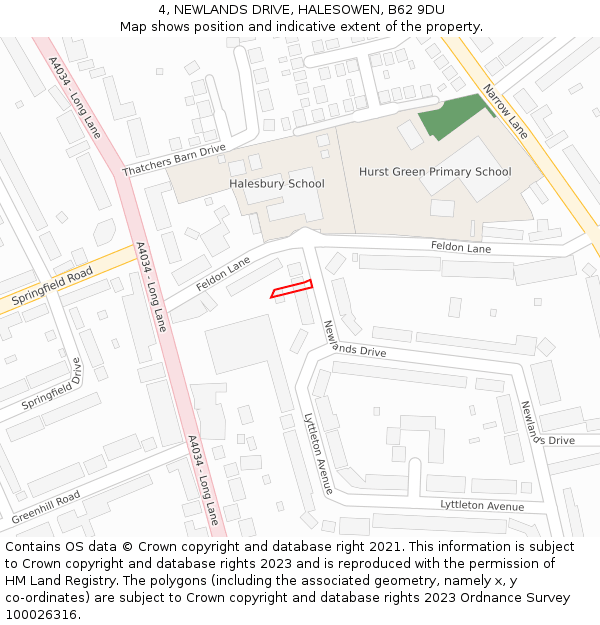 4, NEWLANDS DRIVE, HALESOWEN, B62 9DU: Location map and indicative extent of plot