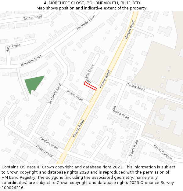 4, NORCLIFFE CLOSE, BOURNEMOUTH, BH11 8TD: Location map and indicative extent of plot