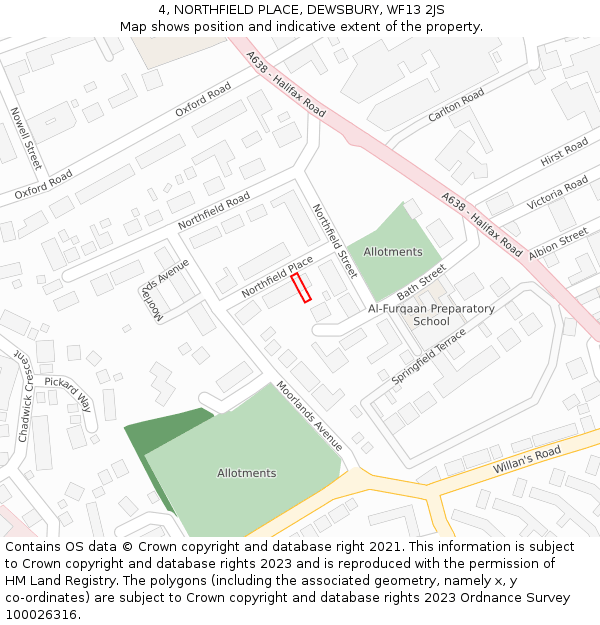 4, NORTHFIELD PLACE, DEWSBURY, WF13 2JS: Location map and indicative extent of plot