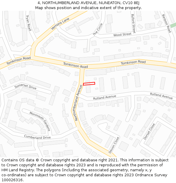 4, NORTHUMBERLAND AVENUE, NUNEATON, CV10 8EJ: Location map and indicative extent of plot