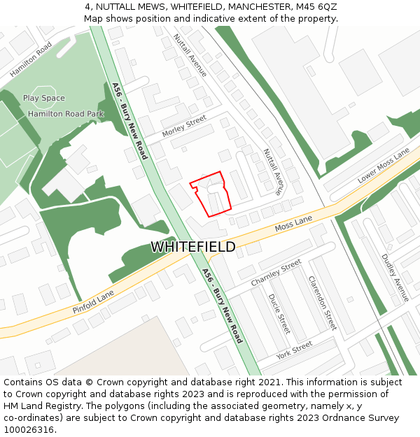 4, NUTTALL MEWS, WHITEFIELD, MANCHESTER, M45 6QZ: Location map and indicative extent of plot
