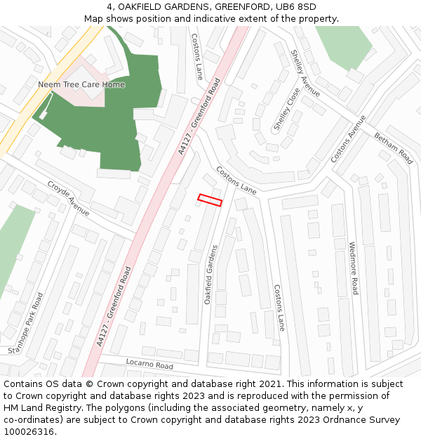4, OAKFIELD GARDENS, GREENFORD, UB6 8SD: Location map and indicative extent of plot