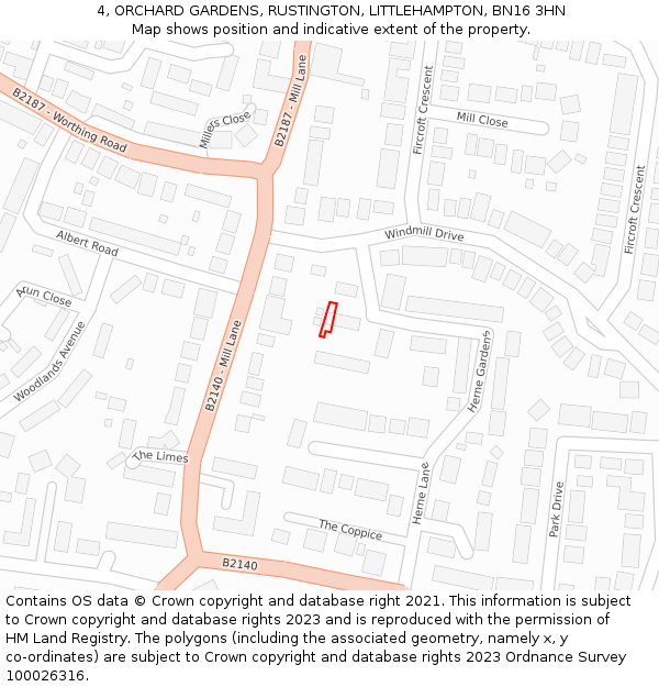 4, ORCHARD GARDENS, RUSTINGTON, LITTLEHAMPTON, BN16 3HN: Location map and indicative extent of plot