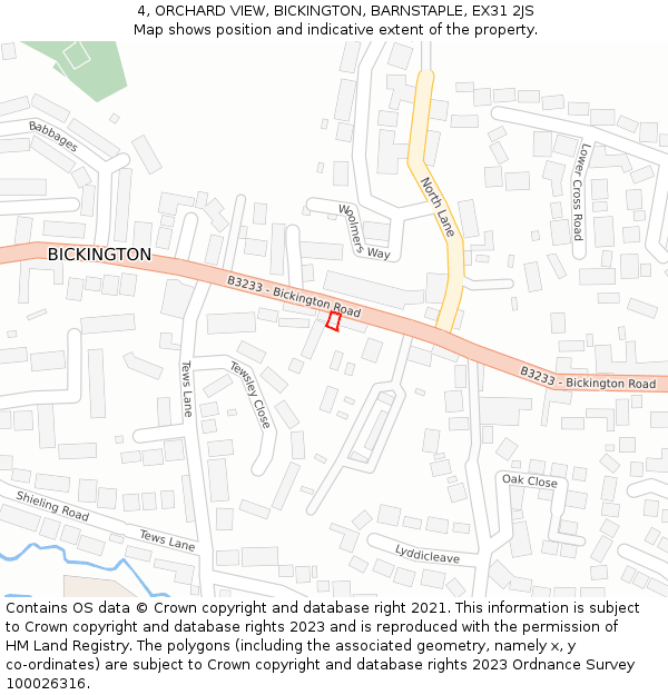 4, ORCHARD VIEW, BICKINGTON, BARNSTAPLE, EX31 2JS: Location map and indicative extent of plot