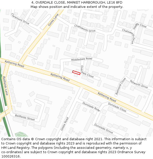 4, OVERDALE CLOSE, MARKET HARBOROUGH, LE16 8FD: Location map and indicative extent of plot