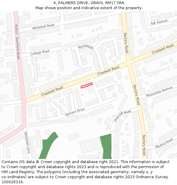 4, PALMERS DRIVE, GRAYS, RM17 5RA: Location map and indicative extent of plot
