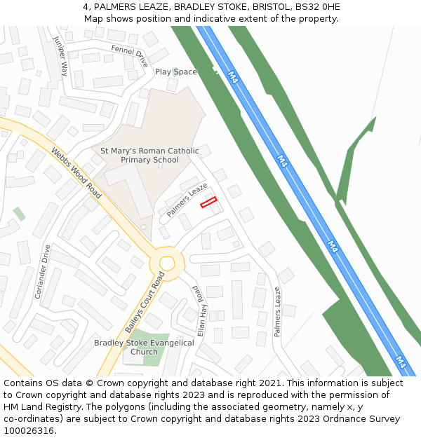 4, PALMERS LEAZE, BRADLEY STOKE, BRISTOL, BS32 0HE: Location map and indicative extent of plot