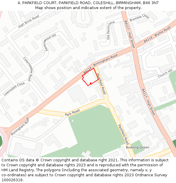 4, PARKFIELD COURT, PARKFIELD ROAD, COLESHILL, BIRMINGHAM, B46 3NT: Location map and indicative extent of plot