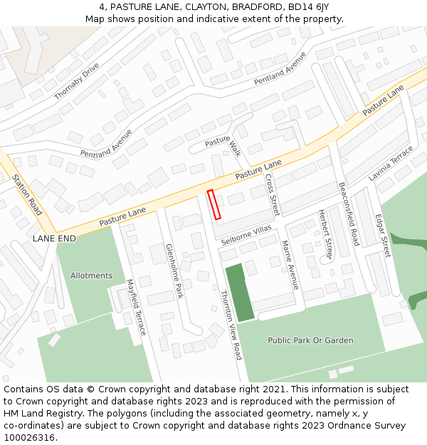 4, PASTURE LANE, CLAYTON, BRADFORD, BD14 6JY: Location map and indicative extent of plot
