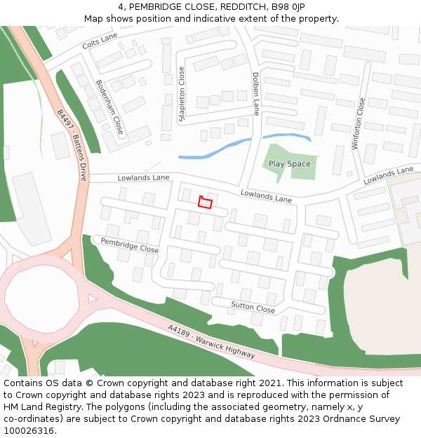 4, PEMBRIDGE CLOSE, REDDITCH, B98 0JP: Location map and indicative extent of plot